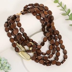 Multilayer wood bead necklace with gold oval metal pendants in vintage Maillard style