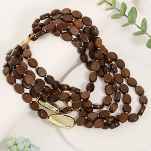 Handmade multilayer dark brown wood bead necklace with polished gold metal accents
