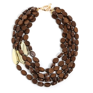 Multi-layer brown wooden bead necklace with gold toggle clasp and metallic accents