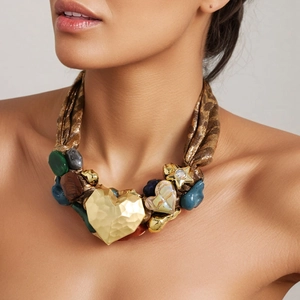 Close-up of leopard print ribbon necklace with a large golden hammered heart pendant