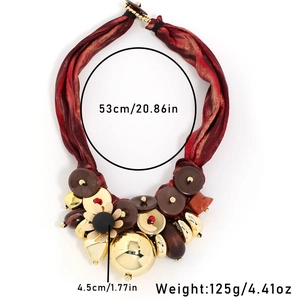 Detail view of ethnic multilayer ribbon necklace showing size 53cm and weight 125g