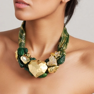 Green leopard print ribbon necklace with a large gold hammered heart pendant on model