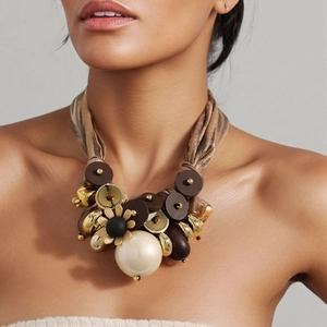 Statement necklace with metal button flower pendant and champagne satin ribbon strap