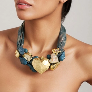 Luxurious leopard ribbon necklace with a large golden hammered heart pendant on a model