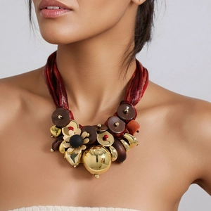 Bohemian Statement Necklace For Women Fabric Ribbon Alloy Flower Pendant Resin Wood Beads Chunky Jewelry