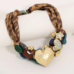 Retro luxury leopard ribbon choker with large golden heart pendant and bohemian beads