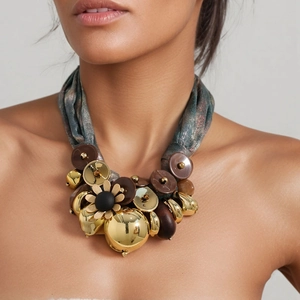 Statement ribbon necklace featuring large gold metal spheres and a flower pendant charm