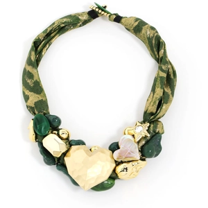 Detail of leopard print satin necklace with large gold heart pendant and green resin beads