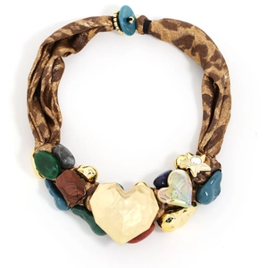 Luxurious leopard satin ribbon necklace with hammered golden heart and gems