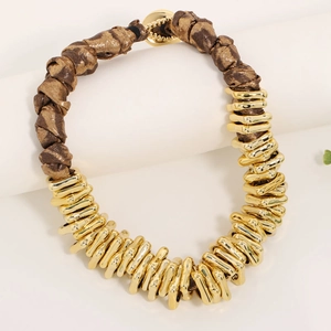 Vintage bohemian gold tube chunky necklace with leopard print fabric wrap and lobster clasp