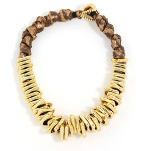 Retro chunky gold metal necklace with leopard print woven rope design for women