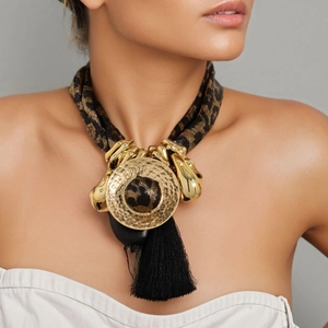 Collier À Franges Imprimé Léopard Pendentif Alliage Martelé Style Bohême Ethnique Perles Bois Acrylique Femme