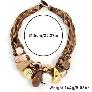 Bohemian leopard print fabric choker with gold floral charms and faux pearls