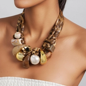 Leopard Print Fabric Statement Necklace Faux Artificial Pearl Alloy Flower Resin Pendants Bohemian Vintage Clavicle Chain Women
