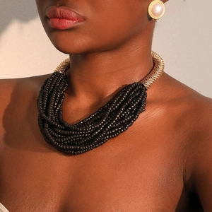 Statement Multilayer Beaded Necklace For Women Bohemian Ethnic Retro Alloy Wood Faux Artificial Pearl Chunky Choker