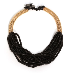 Bohemian multilayer black bead necklace with gold wire collar in a layered drape design