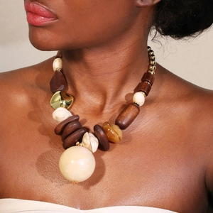 Statement Necklace Chunky Wood Beads Acrylic Imitation Artificial Pearl Metallic Ball Pendant Bohemian Retro Style Jewelry For Women