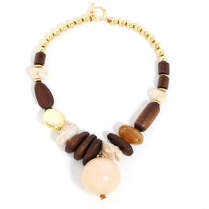 Bohemian oversized necklace with brown wood beads, cream faux pearls and gold accents