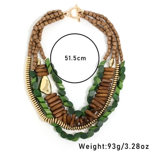 Detail of bohemian multi-layer wood beads necklace with size info 51.5cm and 93g