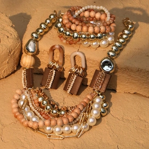 Bohemian multi-layer necklace with gold beads, pearls and wooden beads jewelry set