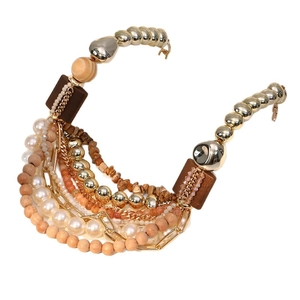 Multi-layer vintage necklace with pearls wood beads and gold metal chains for women