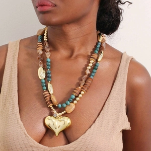Vintage Böhmische Herz Anhänger Perlenkette Mehrlagig Holz Acryl Legierung Übertriebener Statement Schmuck Damen