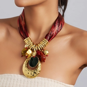 Statement Necklace With Satin Scarf Rope Hammered Gold Alloy Pendant Resin Beads Bohemian Retro Exaggerated Jewelry For Women