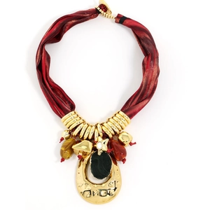 Vintage silk rope necklace with gold AMOR pendant and multi-stone geometric accents