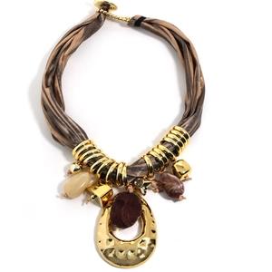 Vintage style brown silk cord necklace with gold hammered metal and dark stone pendant