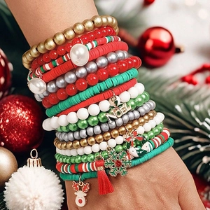 Christmas Multi-layer Beaded Bracelets Alloy Reindeer Snowflake Noel Charms Polymer Clay Faux Artificial Pearl Festive Jewelry For Women