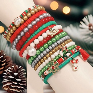 Christmas multilayer beaded bracelet set with festive reindeer and snowflake charms