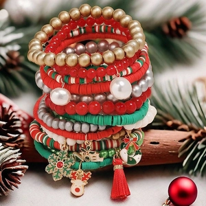 Multi-layer Christmas beaded bracelet set with festive reindeer and snowflake charms