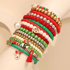Christmas multilayer beaded bracelet set with reindeer and snowflake charms