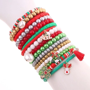 Christmas multilayer beaded bracelet set with reindeer, snowflake and Noel charms