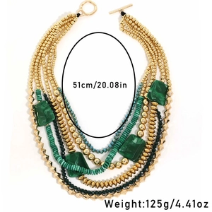 Bohemian multilayer acrylic beaded necklace with green marble stones and gold toggle clasp