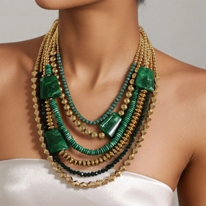 Multi-Layer Beaded Necklace Green Acrylic Glass Alloy Bohemian Vintage Clavicle Chain Women With T-Bar Clasp