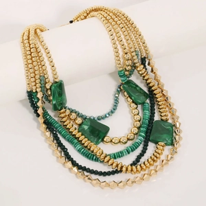 Multi-layer green acrylic beaded bohemian necklace with marble texture accents