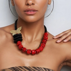 Chunky Beaded Statement Necklace Red Black Acrylic Wood Beads Gold Alloy Butterfly Pendant Bohemian Jewelry For Women