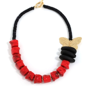 Red and black beaded necklace with a gold butterfly pendant and metallic OT clasp closure