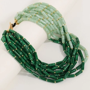 Bohemian multi-layer green beaded necklace with cylindrical stones and gold accents
