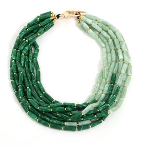 Bohemian multi-layer green gradient beaded necklace with gold spacers and toggle clasp
