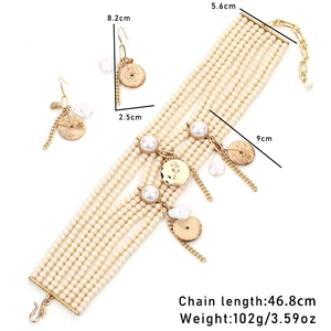 Elegant multi-layer faux pearl choker necklace set with gold pendants and earrings