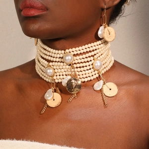 Multi Layer Imitation Artificial Pearl Choker Necklace And Earrings Bohemian Vintage Elegant Tassel Alloy Wood Aluminum Chain Women