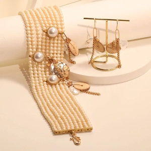 Elegant multilayer faux pearl choker necklace and long drop earrings set with gold chains