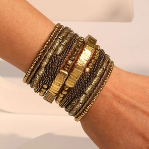 Multi Layer Wrap Bangle Bracelet Gold Plated Alloy CCB Beaded Bohemian Vintage Geometric Jewelry For Women