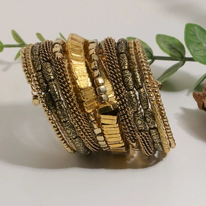 Bohemian multi-layer wrap bracelet set with vintage gold beads and ethnic metal textures