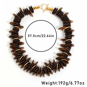 Bohemian multilayer necklace with brown wooden discs and gold metal accents, 57.5cm length