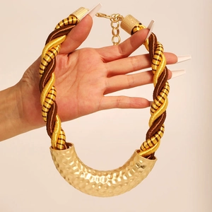 Ethnic woven rope necklace with hammered gold U-shape metal pendant for women