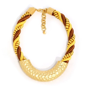 Bohemian gold hammered metal U-shaped collar necklace with brown braided rope set