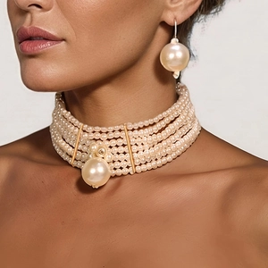 Vintage Multi Layer Faux Artificial Pearl Choker Necklace And Earrings Elegant Luxury Wedding Bridal Jewelry For Women